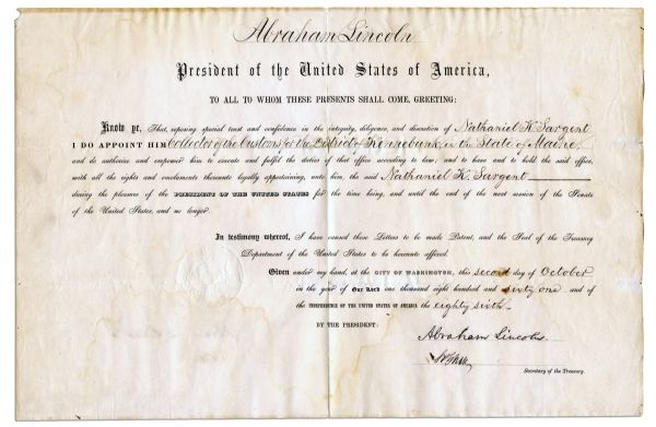 Abraham Lincoln Signed Appointment as President -- 1861