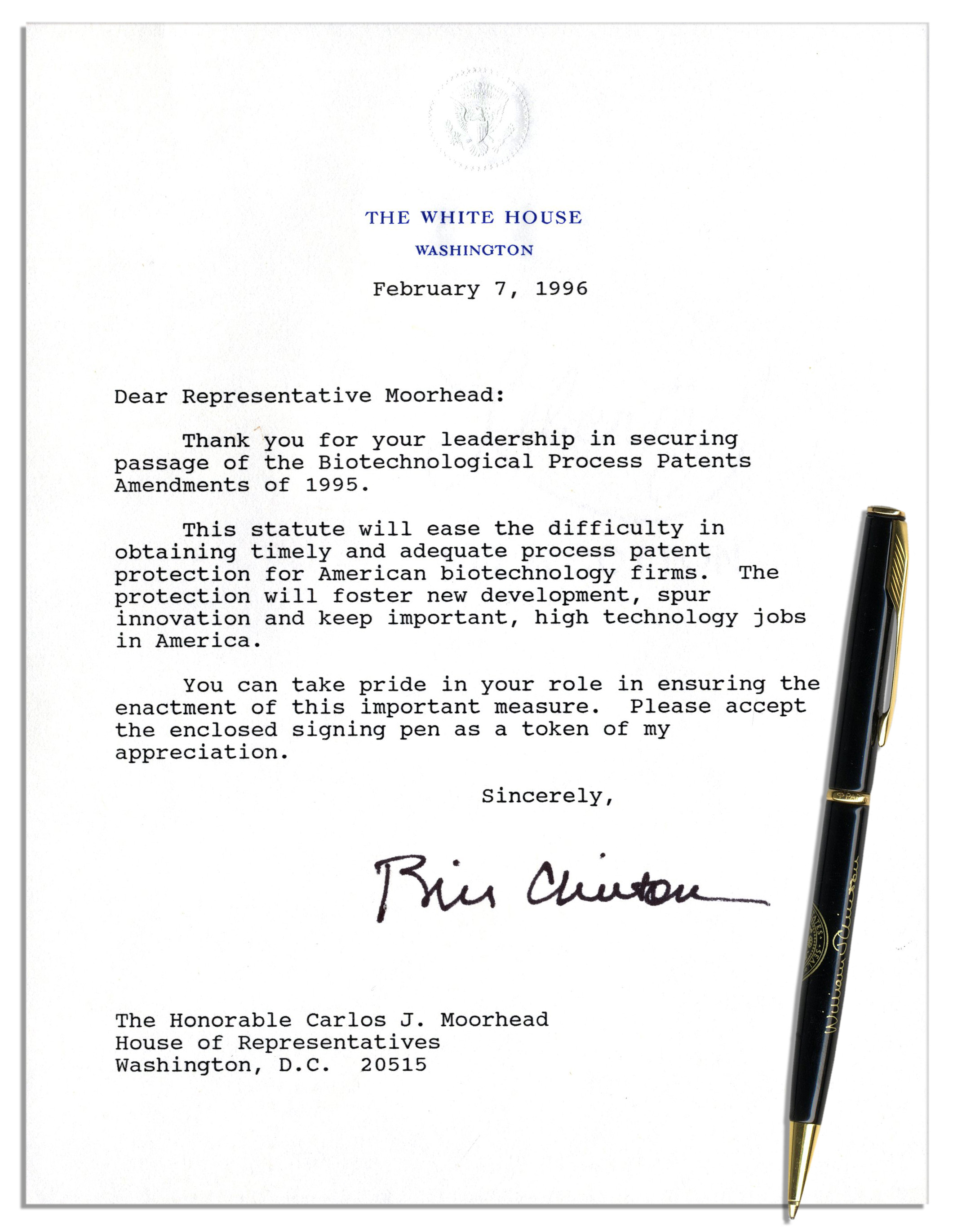 White House Pen Bill Clinton Signed Letter as President & Bill-Signing Pen -- 1996 -- With PSA/DNA COA