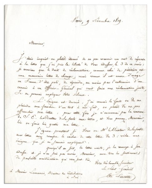 1819 Napoleonic General Edme Aime Lucotte Autograph Letter Signed -- …It is a riddle that I cannot explain…