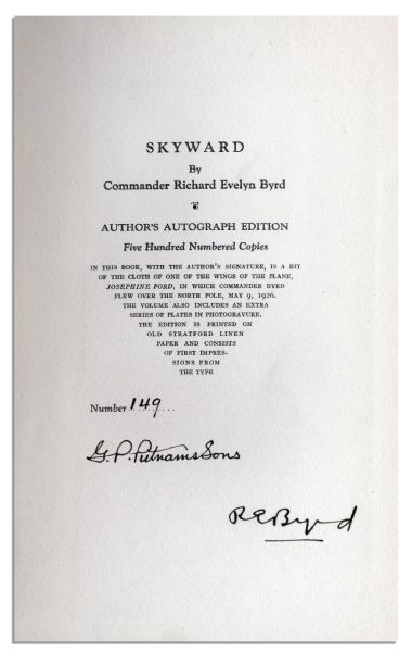 Limited Edition of ''Skyward'' Signed by Admiral Richard Byrd -- Includes Fabric from His Actual Aircraft