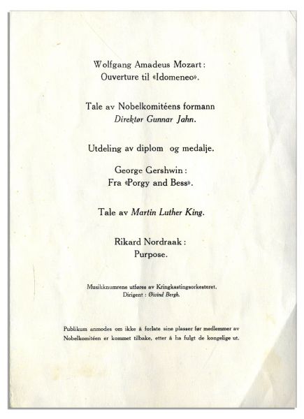 Martin Luther King, Jr. Signed Copy of His Nobel Peace Prize Program -- The First We Have Seen With No Auction Records of Any Previously and Possibly the Only One Extant