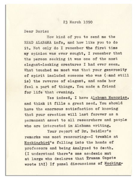 Harper Lee Letter Signed -- ''...I tremble at Mockingbird's falling into the hands of professors and being Analyzed to death...one academic nut at large declares that Truman Capote wrote it!...''
