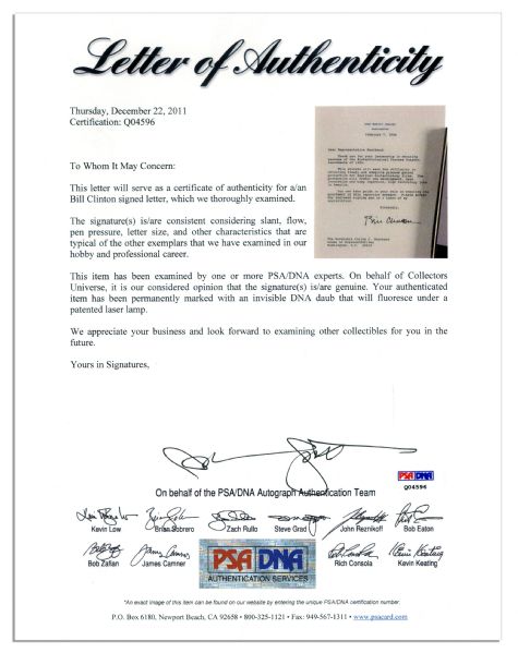 Bill Clinton Signed Letter as President & Bill-Signing Pen -- 1996 -- With PSA/DNA COA