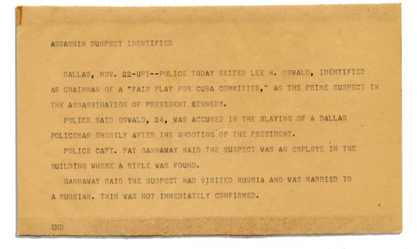 Original UPI Press Teletypes on John F. Kennedy's Assassination