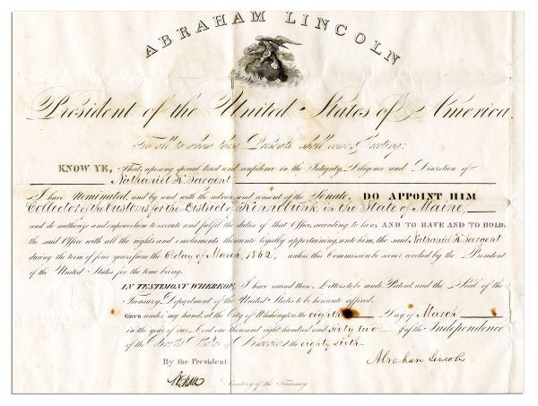 Abraham Lincoln Document Signed During the Civil War -- 1862