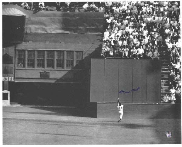 Willie Mays Signed ''Catch'' Photo -- 16'' x 20'' -- Mays' Incredible 1954 World Series Catch -- Hand Signed in Blue Ink -- Near Fine