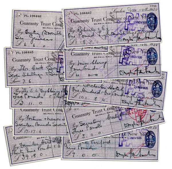 Douglas Fairbanks, Sr. 1935 Single Signed Checks -- Lot of 10