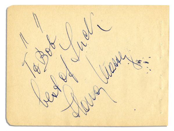 Horror Actress Ilona Massey Autograph Album Page -- ''To 'Bob' / best of Luck / Ilona Massey'' In Blue Ink -- 6'' x 4.5'' -- Toning, Light Smudging & Perforation to Right Edge -- Very Good