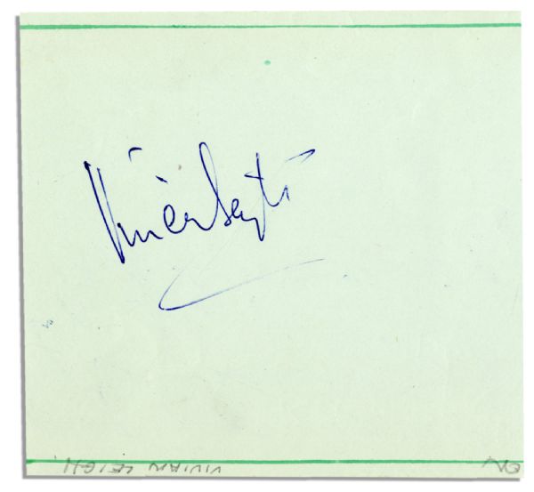 ''Vivien Leigh'' Signed Autograph Album Page -- Blue Ink on Pale Green 5'' x 4.75'' Slip -- Pencil Notation of Her Name, Else Near Fine -- With 8'' x 10'' Glossy Photo of The Classic Star