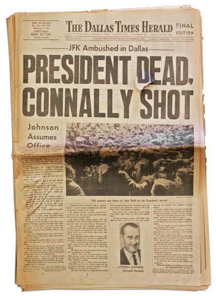 JFK Assassination Newspaper -- ''Dallas Times Herald'' -- 22 November 1963 -- ''PRESIDENT DEAD, CONNALLY SHOT'' -- Printed Before Oswald's Identity Was Known
