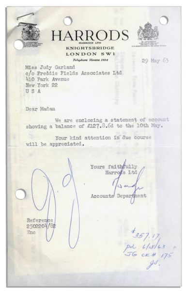 Judy Garland Initials Letter from Harrods -- 29 May 1963 -- She Signs, ''J.G.'' -- 5'' x 8'' Letter Stapled to Statement -- Near Fine