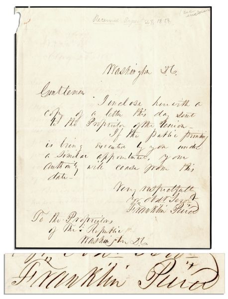 Franklin Pierce Autograph Letter Signed as President -- ''...your authority will cease from this date...'' -- 1853