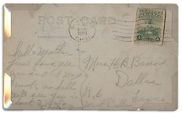 Clyde Barrow Autograph Note Signed -- Infamous Gangster Sends a Postcard to His Mother -- ''...hello mother - just fine. We are...drunk as hell...'' -- With JSA COA