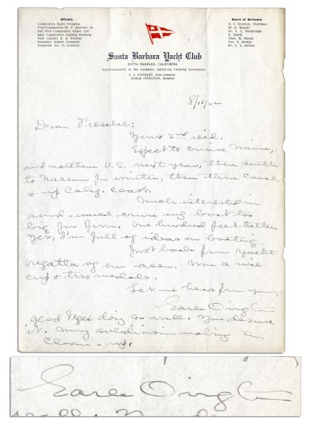 American Inventor & Aviator Earle Ovington Autograph Letter Signed -- ''...Much interested in round-world cruise...'' -- 1922