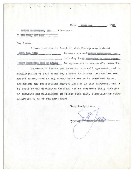 Steve McQueen Signed Contract From 1960