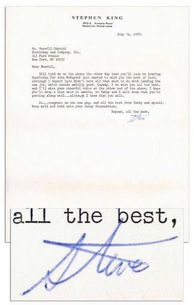 Stephen King Typed Letter Signed From 1976 -- ''...hold onto your sunny disposition...''