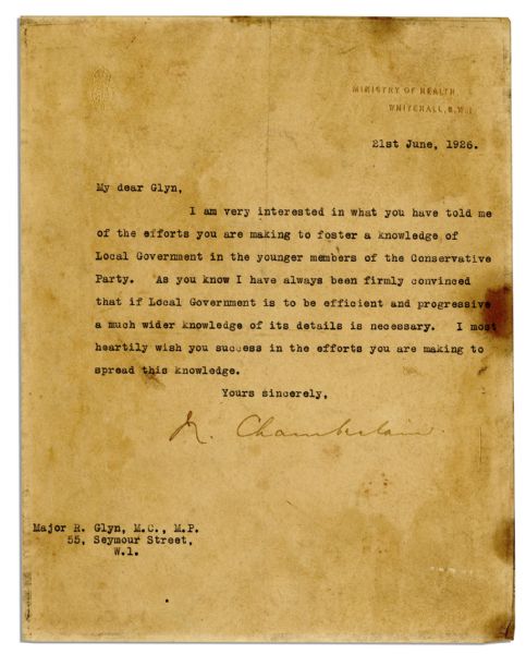 Prime Minister Neville Chamberlain 1926 Letter Signed -- ''...foster a knowledge of Local Government in the younger members of the Conservative Party...''