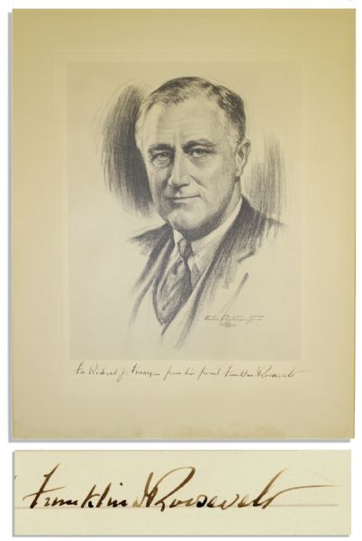 Franklin D. Roosevelt Signed Portrait -- 15'' x 19'' in Near Fine Condition