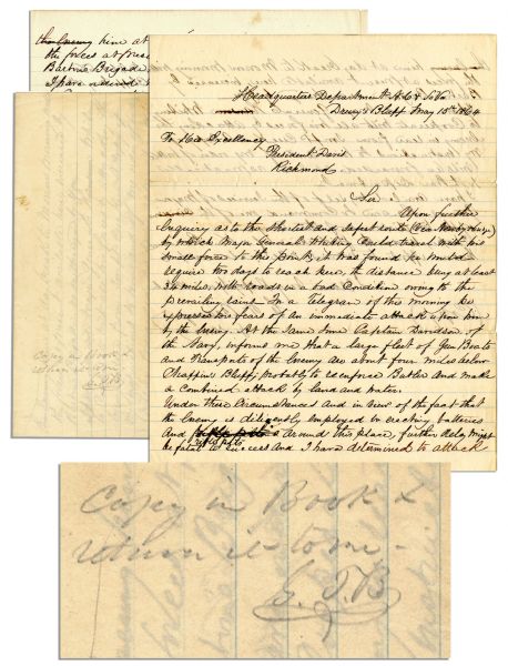 P.G.T. Beauregard Autograph Endorsement Signed on May 1864 Letter to Jefferson Davis Regarding Drewry's Bluff -- ''...further delay might be fatal...I have determined to attack him at day break...''