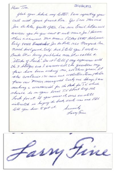 Three Stooges' Larry Fine Letter -- ''...I wrote a Book...called a 'Stroke of Luck'. In it I tell of my experiences with the 3 Stooges...''