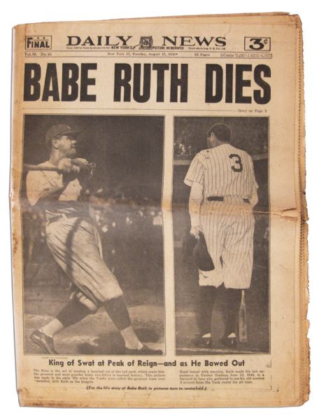 ''New York Daily News'' Delivers the Sad Headline -- ''Babe Ruth Dies''