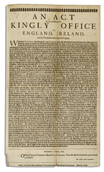 Radical 1648 English Civil War Act Abolishing Monarchy in England & Ordering the Death of Charles I -- ''...Charles Stuart late King of England...is hereby declared to be justly condemned, adjudged...