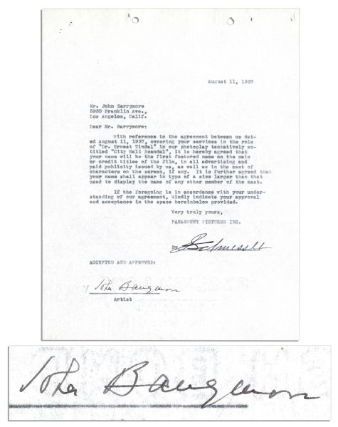 John Barrymore Typed Letter Signed Regarding His Billing in 1937 Paramount Picture ''City Hall Scandal''