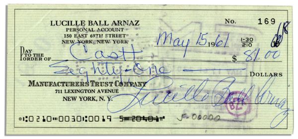 Lucille Ball Arnaz Signed Personal Check