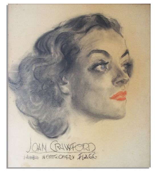 Charcoal Portrait of Joan Crawford as ''Queen of the Movies'' -- by Famed Illustrator James Montgomery Flagg