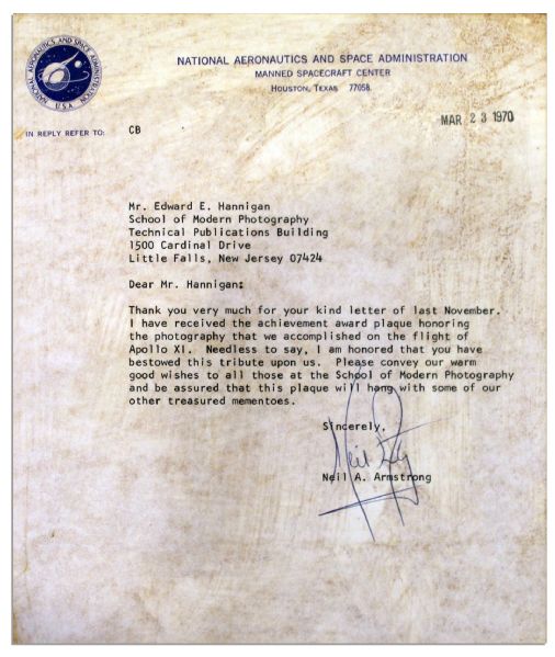 Neil Armstrong 1970 Typed Letter Signed on NASA Letterhead