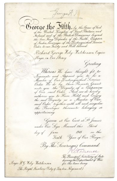 King George V Military Document Signed -- 1915 Distinguished Service Order