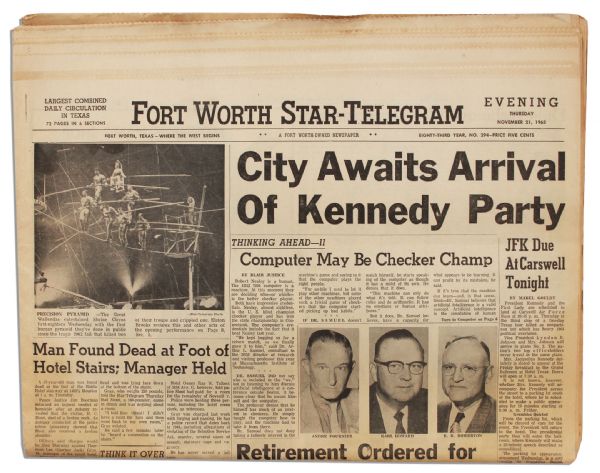 Dallas ''Fort Worth Star-Telegram'' Newspaper Reporting JFK's Texas Visit The Day Before His Assassination