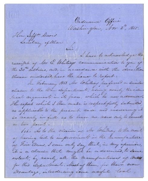 Jefferson Davis Endorsement Signed as Secretary of War -- Regarding the Manufacturing of Fire Arms by Inventor Eli Whitney