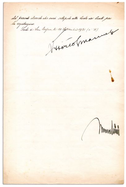 10 September 1931 Benito Mussolini & Vittorio Emanuele III Document Signed -- 9.5'' x 14.5'', Signed on Verso by Both Men -- Very Good With Toning & Foxing