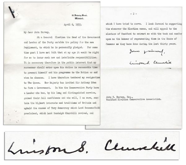 Winston Churchill Announces His Resignation as Prime Minister -- ''...for some time past I have not felt that at my age it would be right for me to incur such new and indefinite responsibilities...''