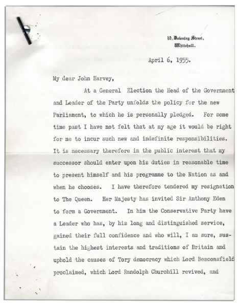 Winston Churchill Announces His Resignation as Prime Minister -- ''...for some time past I have not felt that at my age it would be right for me to incur such new and indefinite responsibilities...''