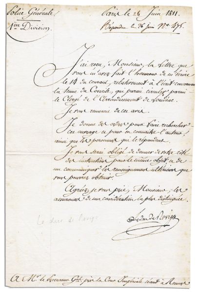 Intriguing 1811 Letter Signed by Napoleon's General Savary, Who Served as Minister of Police -- ''...I gave the orders to have a search for the...author, also the staff who spread the document...''