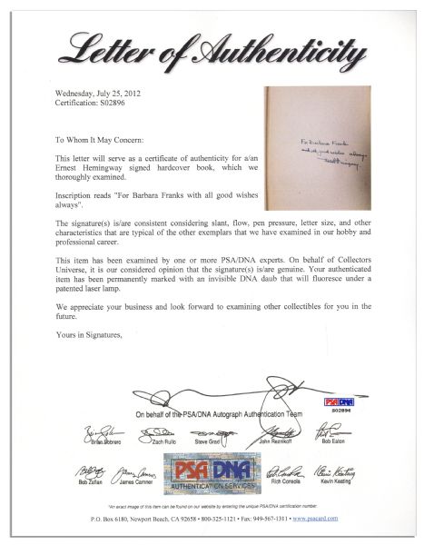 Ernest Hemingway Signed ''For Whom The Bell Tolls'' -- With PSA/DNA COA
