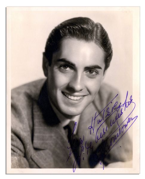 Tyrone Power Signed 5.5'' x 7'' Matte Photo -- Signed in Purple Ink: ''For Hutsie with Best Wishes / Tyrone Power'' -- Very Good