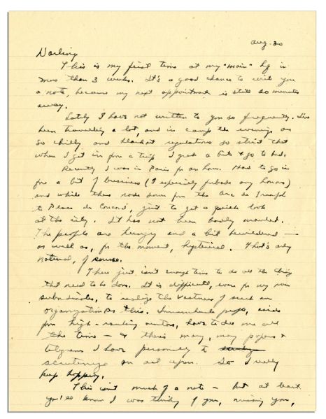 Dwight Eisenhower WWII Autograph Letter Signed to Mamie -- Dated 1944 After the Liberation of Paris From Nazis -- …I was in Paris…the people are hungry and…for the moment, hysterical…