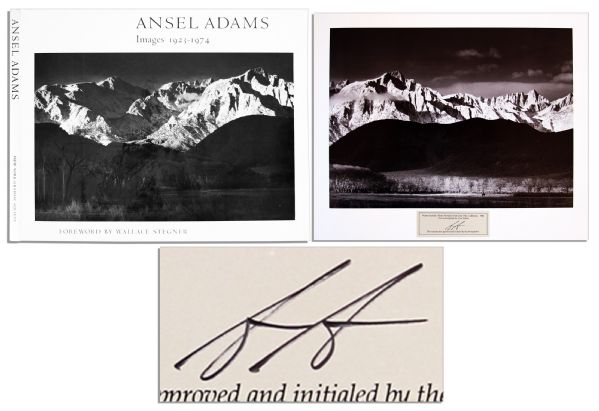 Ansel Adams Signed Print of His ''Winter Sunrise, Sierra Nevada, From Lone Pine, California 1944'' -- Tucked Inside The Cover of His Compilation Book ''Images 1923-1974''