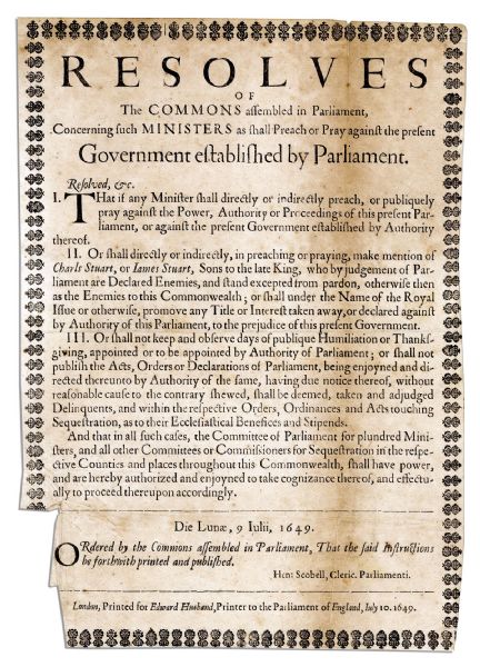 English Civil Broadside Forbidding Ministers From Mentioning the Former King or Princes After Civil War Dethronement -- 1649