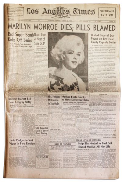 Los Angeles Times - Marilyn Monroe died 51 years ago, on August 5, 1962.  Here's the following day's L.A. Times front page. You can see it in a  larger format here