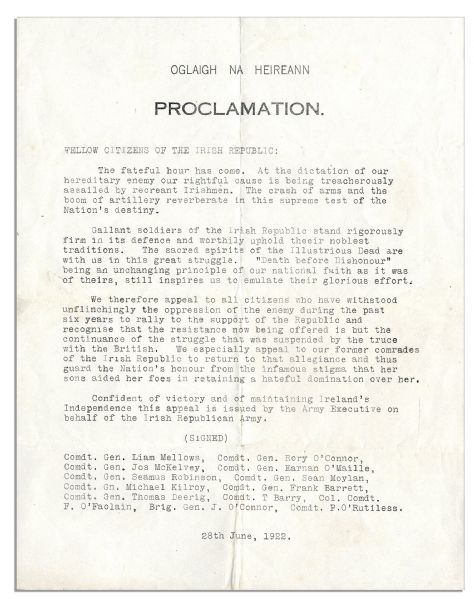 Rare Irish Independence Proclamation -- Issued on 28 June 1922, the First Day of the Irish Civil War -- ''...Fellow Citizens of the Irish Republic: The fateful hour has come...''