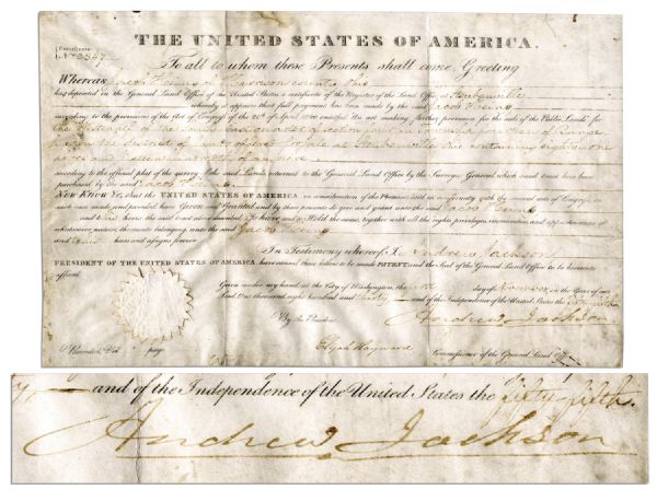 1830 Ohio Land Grant Signed by Andrew Jackson as President