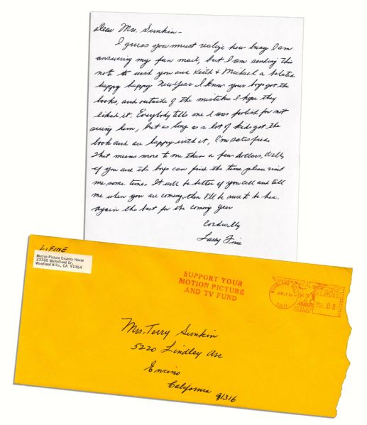 Three Stooges' Larry Fine Autograph Letter Signed -- ''...as long as a lot of kids got the book and are happy with it, I'm satisfied. That means more to me than a few dollars...'' -- 1974