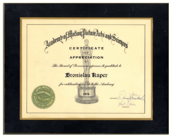 Academy of Motion Picture Arts & Sciences Certificate of Appreciation to Mutiny on the Bounty Composer Bronislau Kaper