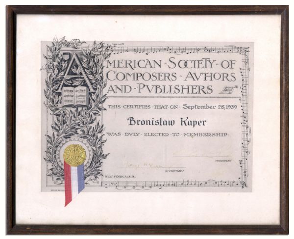 ''Mutiny on the Bounty'' Composer Bronislaw Kaper's Membership Certificate in ASCAP -- The American Society of Composers and Publishers