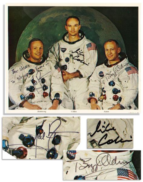 Apollo 11 Crew Signed 10'' x 8'' Photo -- Neil Armstrong, Buzz Aldrin & Michael Collins