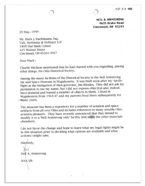 Neil Armstrong Typed Letter Signed -- Discussing the Armstrong Space Museum in His Hometown of Wapakoneta, Ohio -- ''...they intend to modify it to a 'Neil Armstrong only' facility...I do not favor...